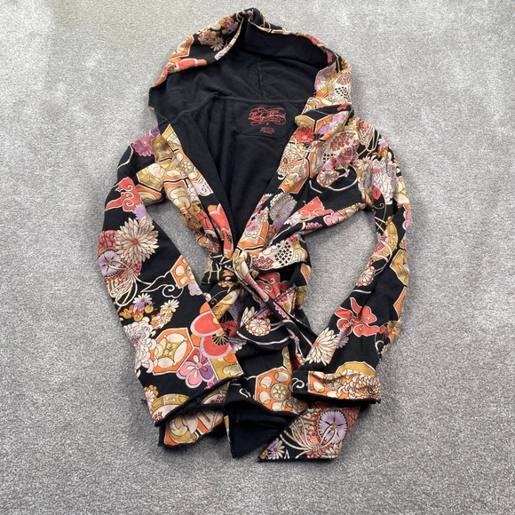 Lucky Brand Jackets & Blazers - Lucky Brand Womens Small Floral Hooded Wrap Jacket Black Orange Cotton RN 80318